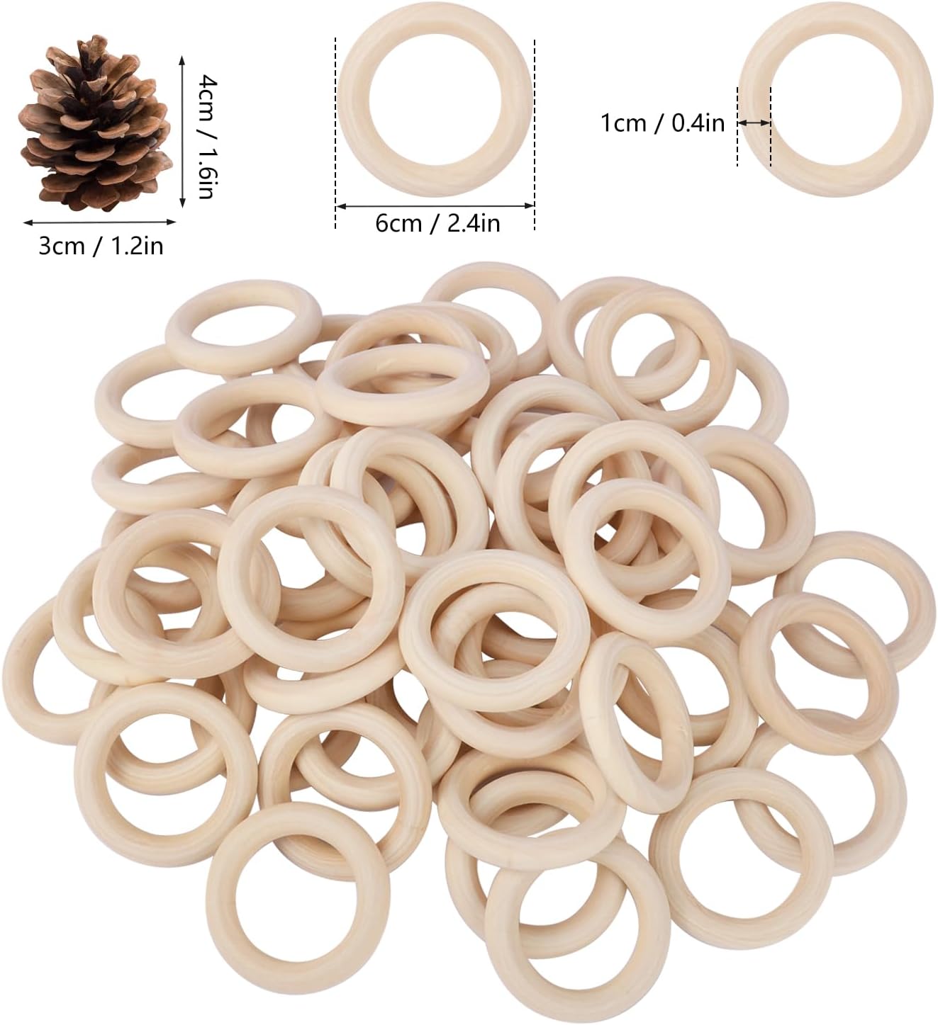 50 Pack 3.15 inch Unfinished Wooden Rings Natural, Wood Craft Rings for DIY Crafts, Jewelry Making, Macrame & Home Decor