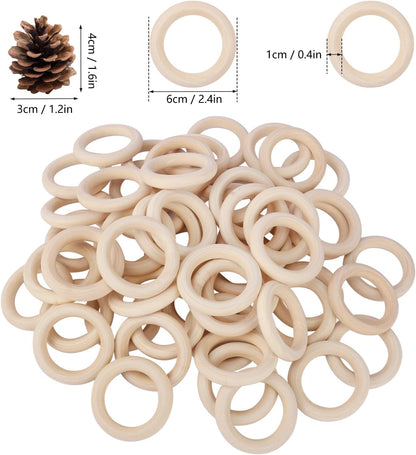 50 Pack 3.15 inch Unfinished Wooden Rings Natural, Wood Craft Rings for DIY Crafts, Jewelry Making, Macrame & Home Decor