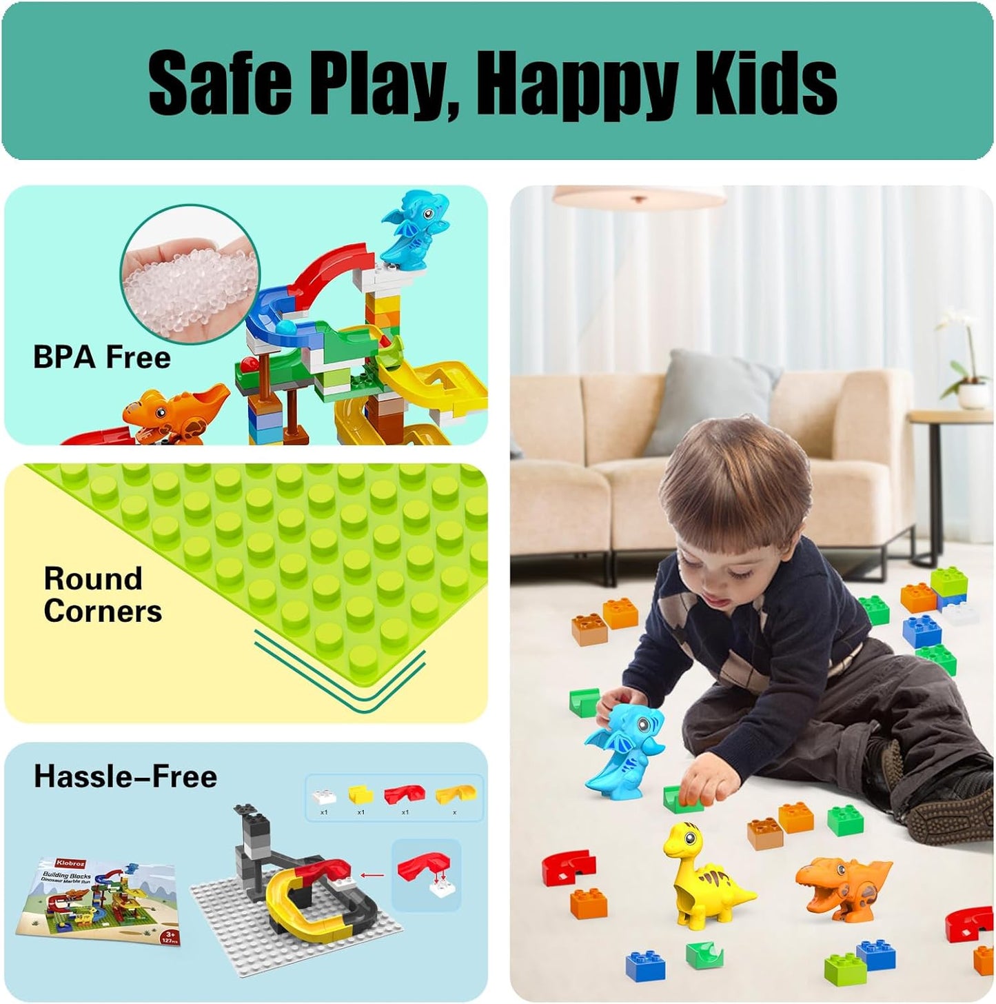 Building Blocks for Kids Toddlers 3 4 5 6 7 8+ Year Old, 127-piece Large Classic Building Bricks, Dinosaur Marble Run with 2 Baseplate for Boys Girls All Ages, Compatible with All Major Brands