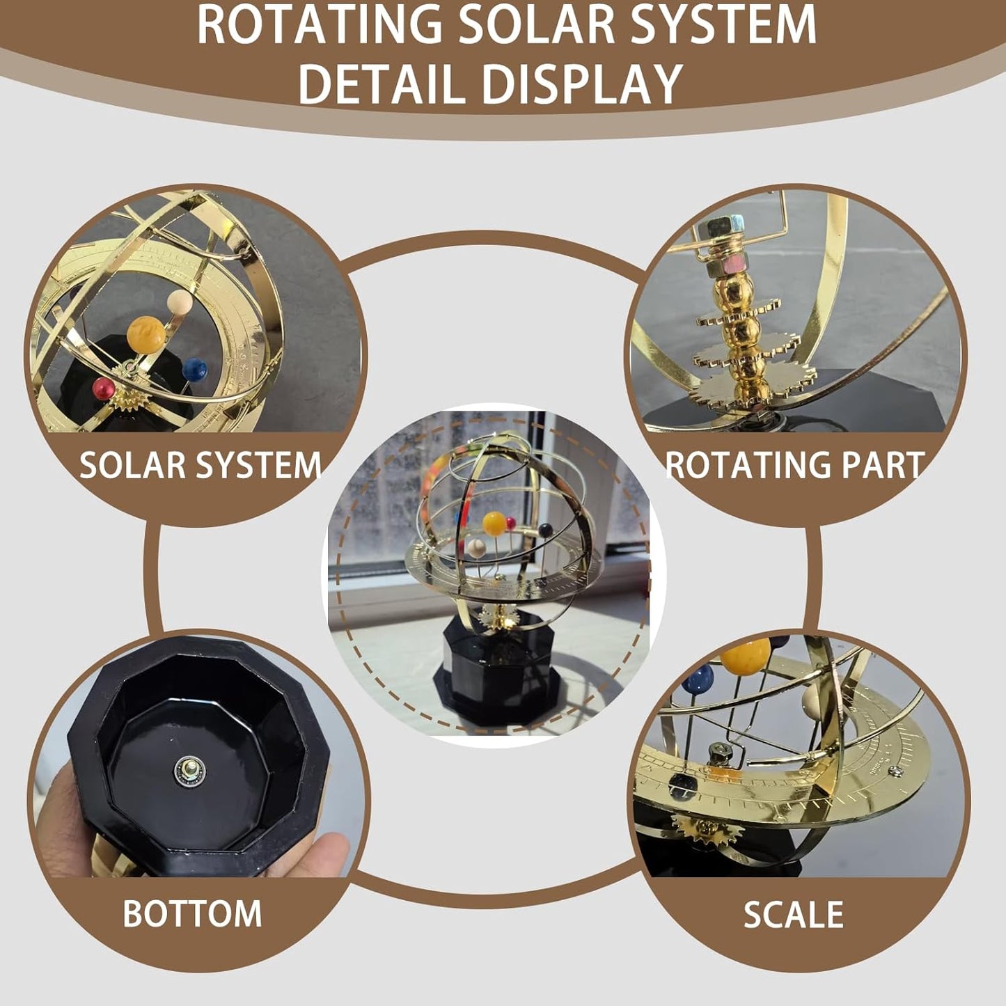 Rotating Solar System Metal Ornament - Handcrafted Orrery Model with 5 Planets, Educational Desk Decor for Astronomy Enthusiasts, Home & Office Decoration (Black)