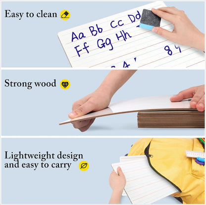 Small Dry Erase Board with Lines 10 Pack White Board Lined 9"x12", Double Sided Mini Whiteboard Ruled Handwriting Practice for Education Classroom Teacher Homeschool Supplies with 10 Erasers