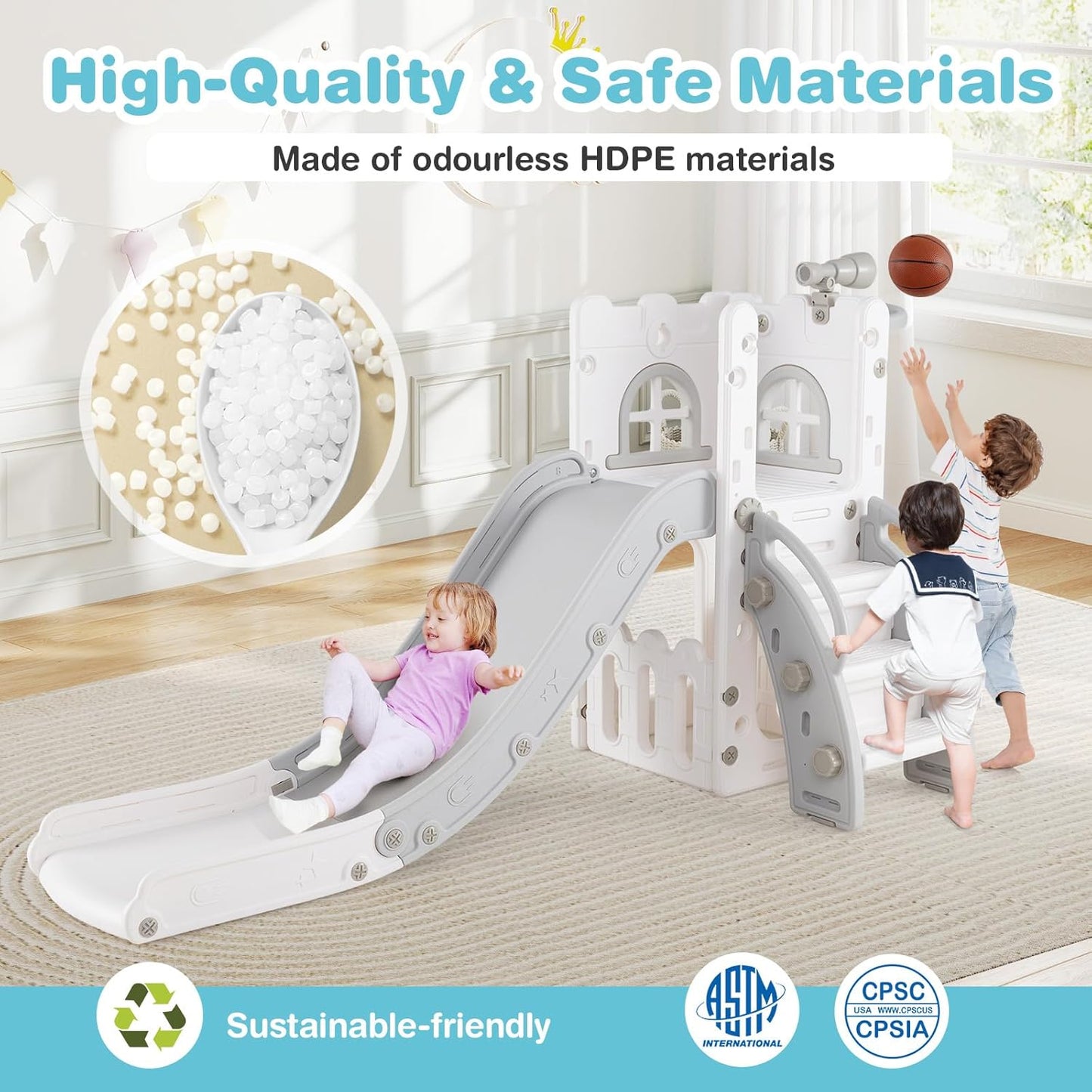 HONEY JOY Toddler Slide, 6 in 1 Freestanding Slide for Kids, Indoor Outdoor Castle Climber Playset Gym w/Basketball Hoop, Ball, Telescope, Storage, Playground Baby Slide for Boys Girls (Blue)
