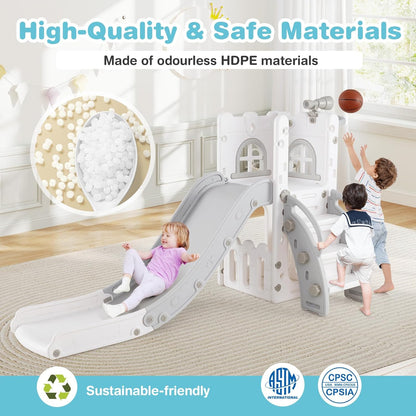 HONEY JOY Toddler Slide, 6 in 1 Freestanding Slide for Kids, Indoor Outdoor Castle Climber Playset Gym w/Basketball Hoop, Ball, Telescope, Storage, Playground Baby Slide for Boys Girls (Blue)