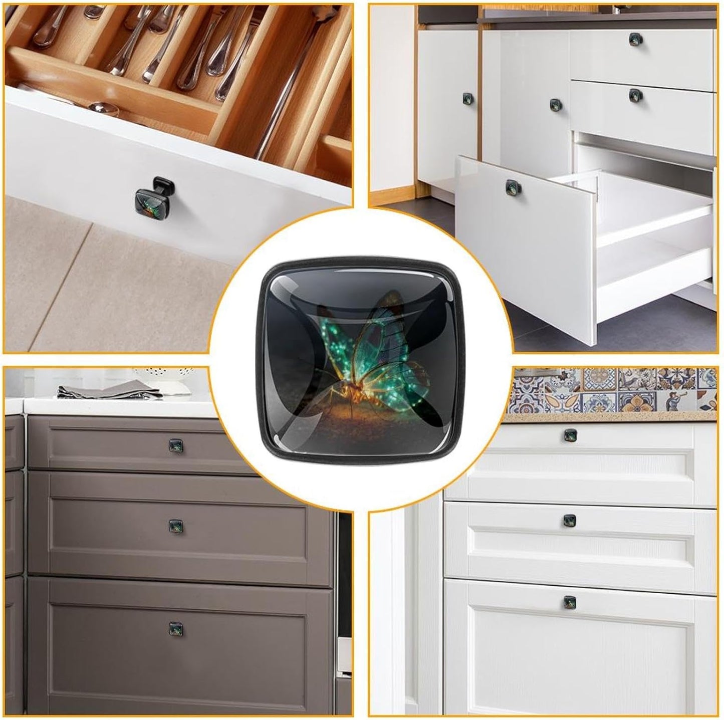 4 Pack Cabinet Knobs Drawer Pulls, 30mm Round ABS Glass Drawer Hardware Growing Butterfly Cabinet Handles with Screws for Dressers Kitchens Cupboard