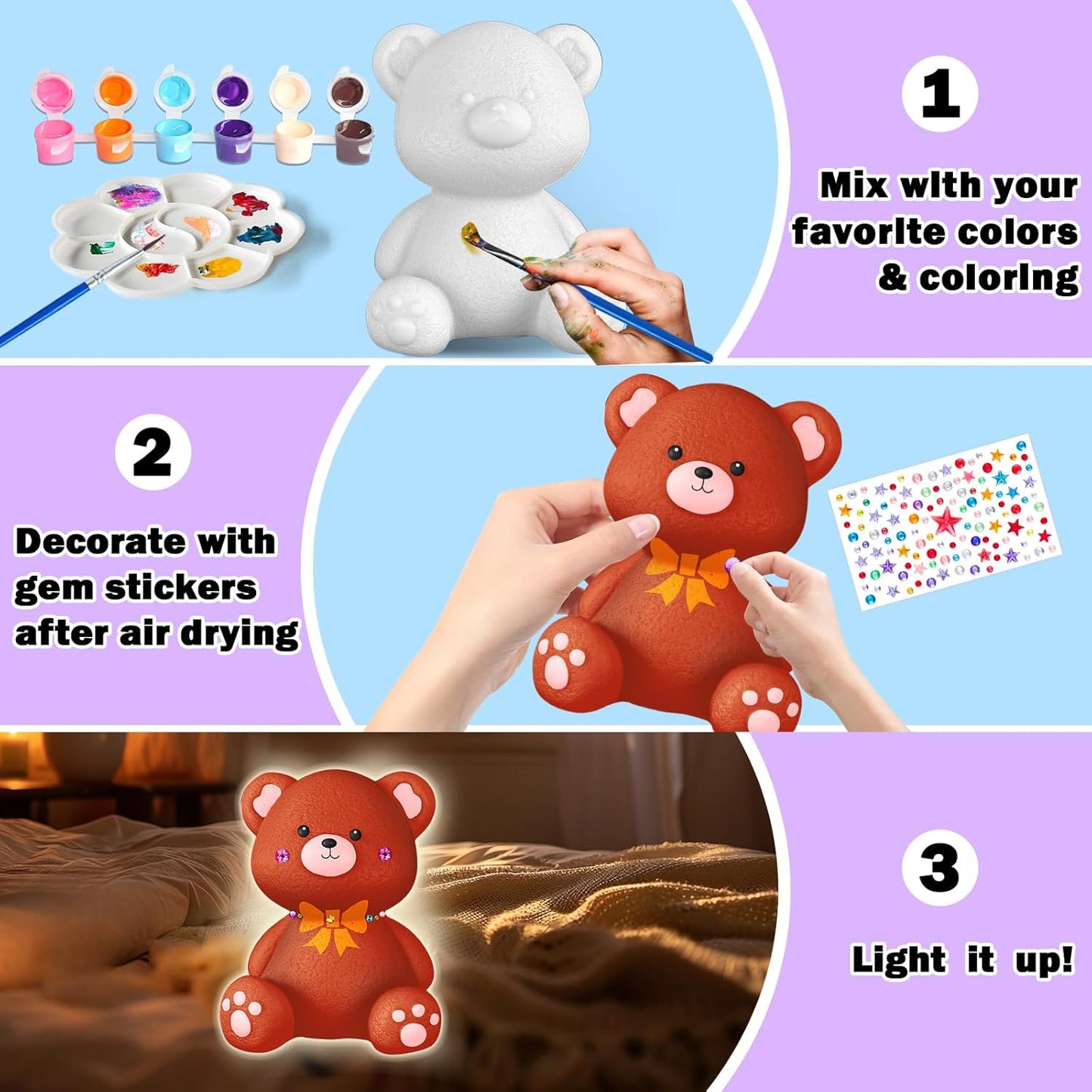 FUNZBO 4.3in Paint Your Own Dinosaur Lamp Kit - Arts and Crafts Supplies Painting for Kids Teens, DIY Night Light Dinosaur Toy for Boy Girl 3 4 5 6 7 8 9 10 11 12 Birthday Gift