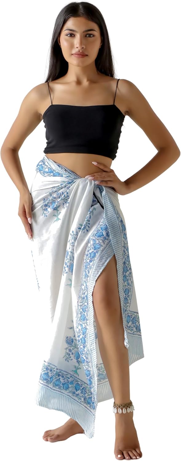 100% Cotton Sarong Cover Up for Women Indian Block Print Beach Wrap Skirt Long Boho Swimsuit Bikini Pareo (73” x 43”)