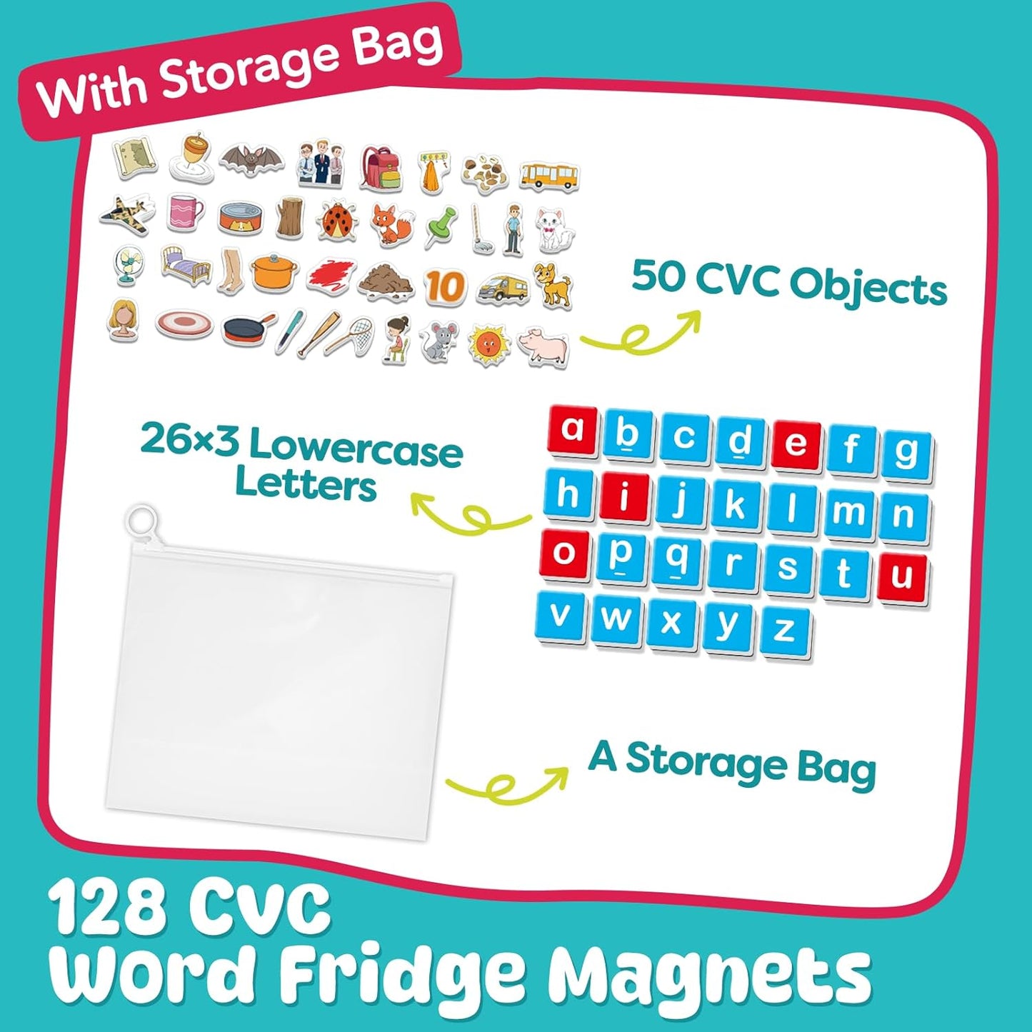 Quilinz CVC Magnets Word Games,Fridge Magnets for Kids, Magnetic Letters for Classroom, Toddler Alphabet Learning Toys, Speech Therapy Materials, Phonic Games for 3+,Kindergarten Classroom Must Haves