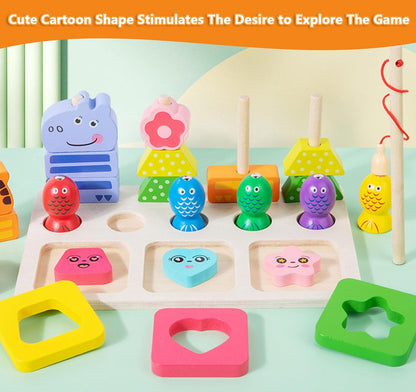 Wooden Montessori Toys for 3 Year Old，Shape Sorter Stacking Games, Fishing Games Preschool Learning Educational Toys for Boys Girls Toddlers (Little Bee)