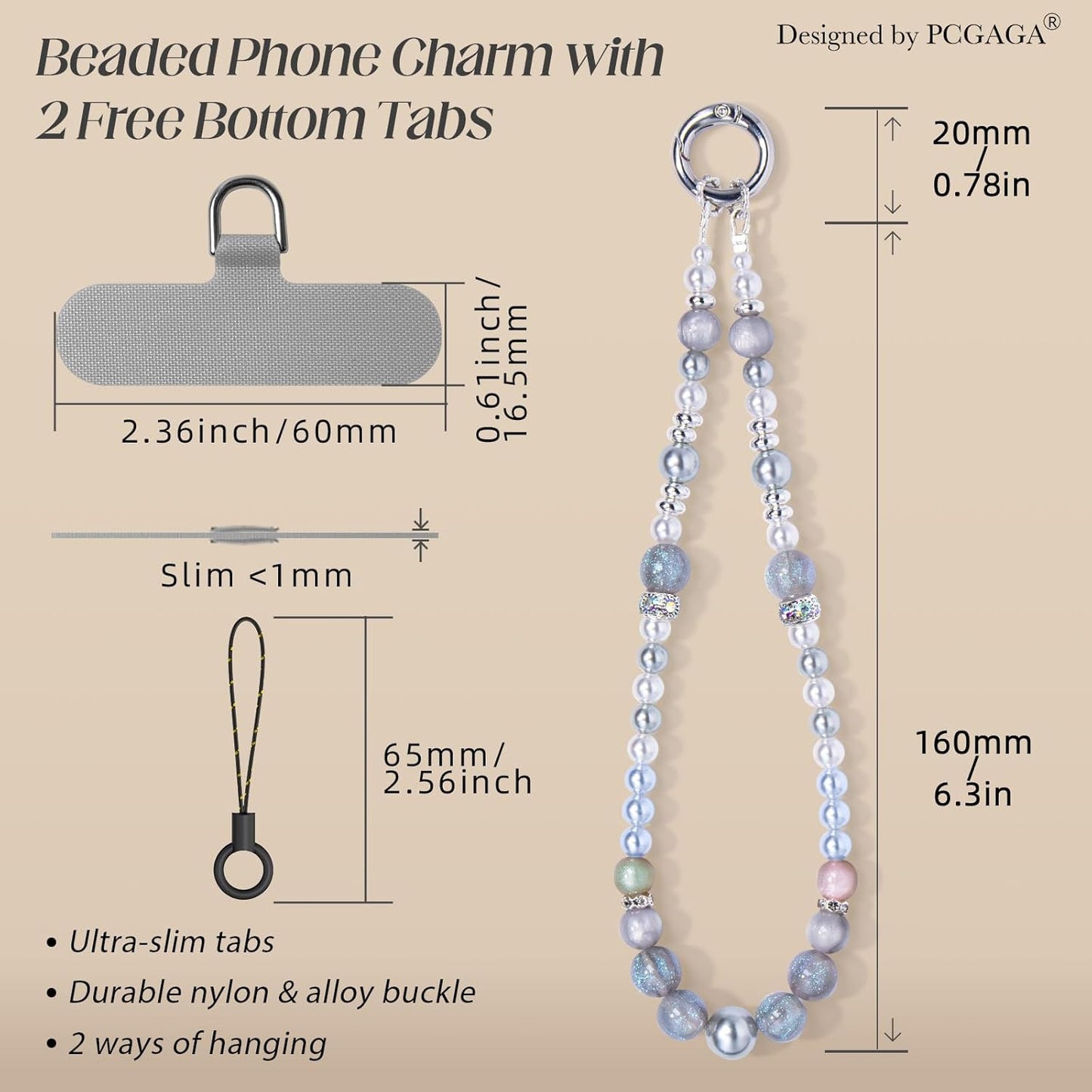 pcgaga Pearl Beaded Phone Charm, Phone Wrist Strap, Handmade Bracelet Straps, Anti-Lost Lanyard Wrist Chain for Airpods Women Girls Gift, Keychain etc (Gray Iceland)