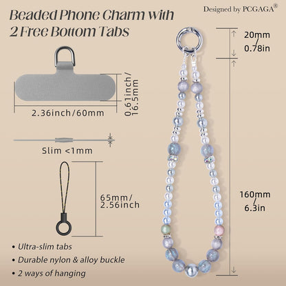 pcgaga Pearl Beaded Phone Charm, Phone Wrist Strap, Handmade Bracelet Straps, Anti-Lost Lanyard Wrist Chain for Airpods Women Girls Gift, Keychain etc (Gray Iceland)