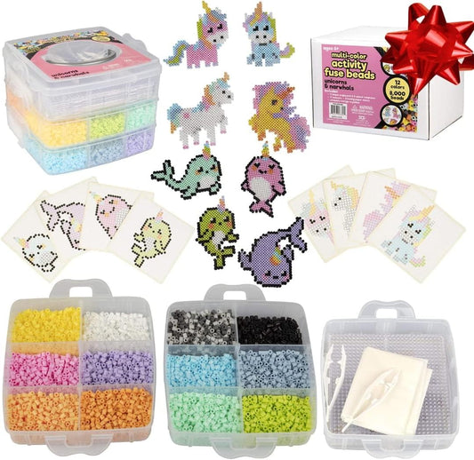 Fuse Beads Super Value Kit- 8000 Beads- Unicorn & Narwhals- Includes 12 Colors, 4 Peg Boards, Tweezers, Ironing Paper & Design templates- DIY Art Craft Project for Kids Vacation, Camp Or Holiday Gift