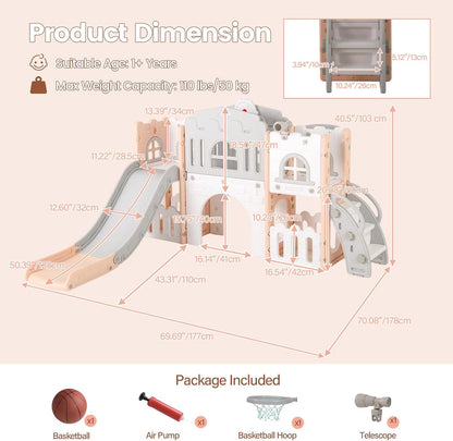OLAKIDS Toddler Slide and Swing Set, 7 in 1 Kids Indoor Outdoor Playground with Climber Basketball Hoop Telescope Toy Storage for Boys Girls Aged 1+ (Grey)
