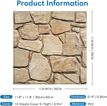 COMSTICKC 3D Faux Gray Stone Wall Sticker Peel and Stick Wall Panels,10 Pcs of 12"X12",Ultra-Light Thin PVC Decorative Tiles Rocks Stone Backsplash Interior Decor,Paintable