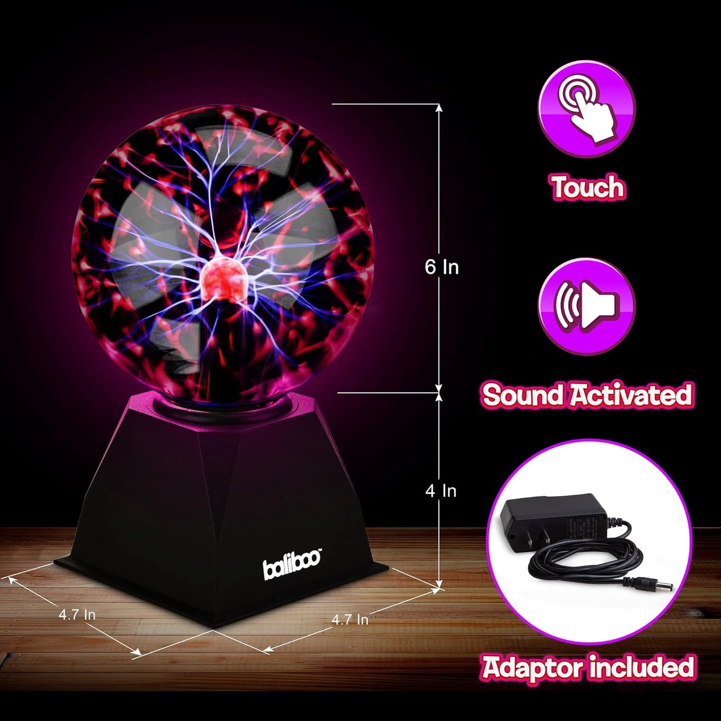 BALIBOO 3" Mini Plasma Ball Light – Touch Activated Lightning Globe – USB and Battery Powered Plasma Globe Lamp – Interactive Science Static Electricity Ball