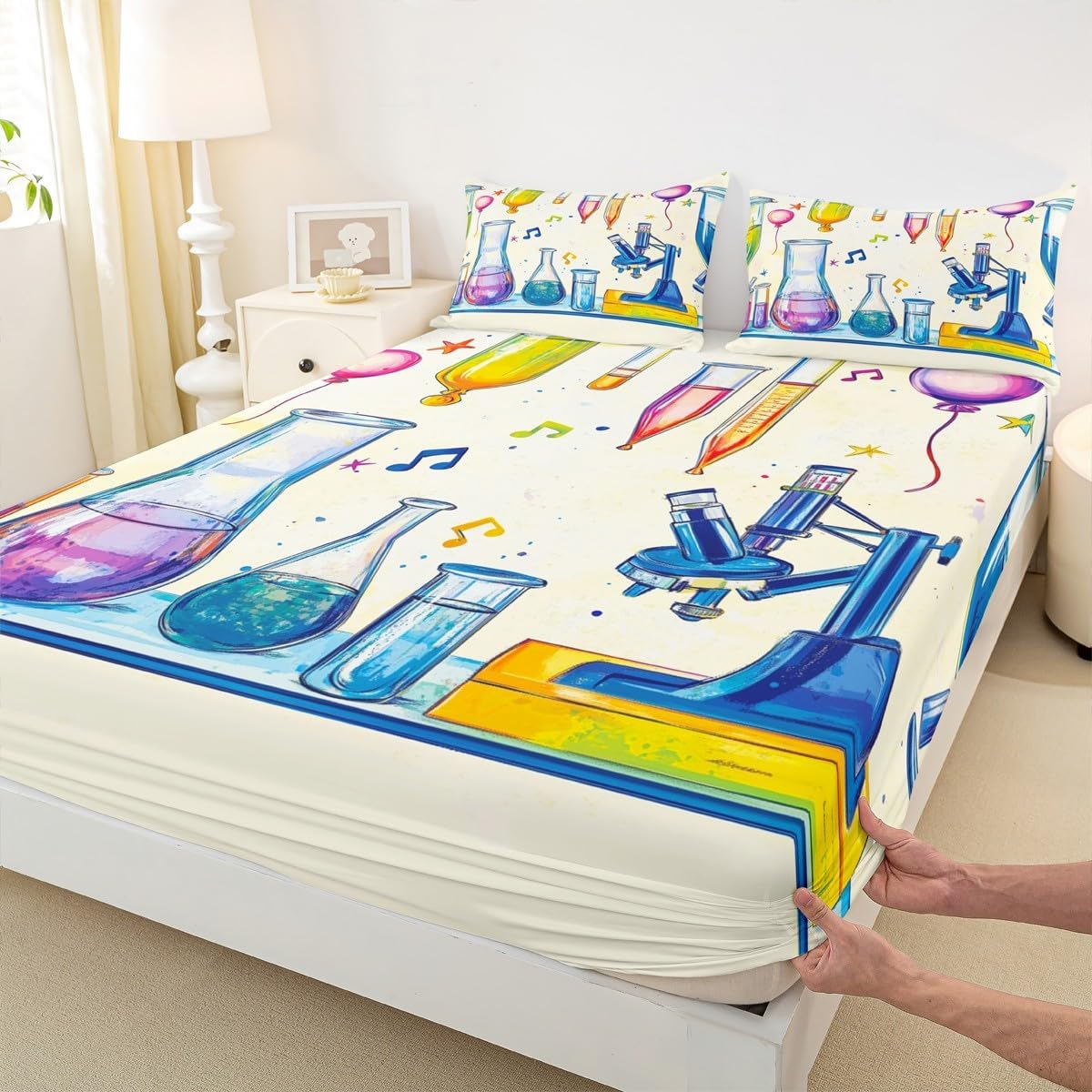 Chemistry Bed Sheets for Kids Teens Girls Boys,Chemical Experiment Fitted Sheet Twin,Science Themed Sheets for Math Lovers,Chemistry Lab Bedding Set,White and Black