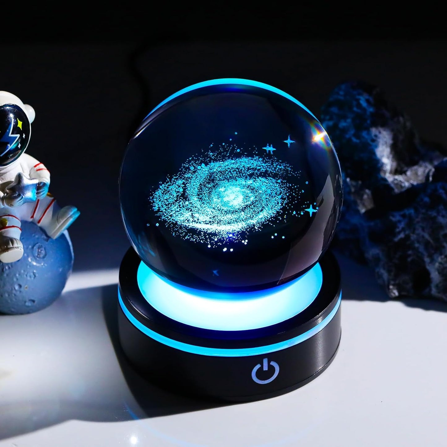 YWHL 3D Solar System Crystal Ball 80mm with Light Base, Laser Engraved Glass Planet Solar System Model Sphere Night Light Decor Space Universe Astronomy Gifts for Women Men Teens Boys and Girls