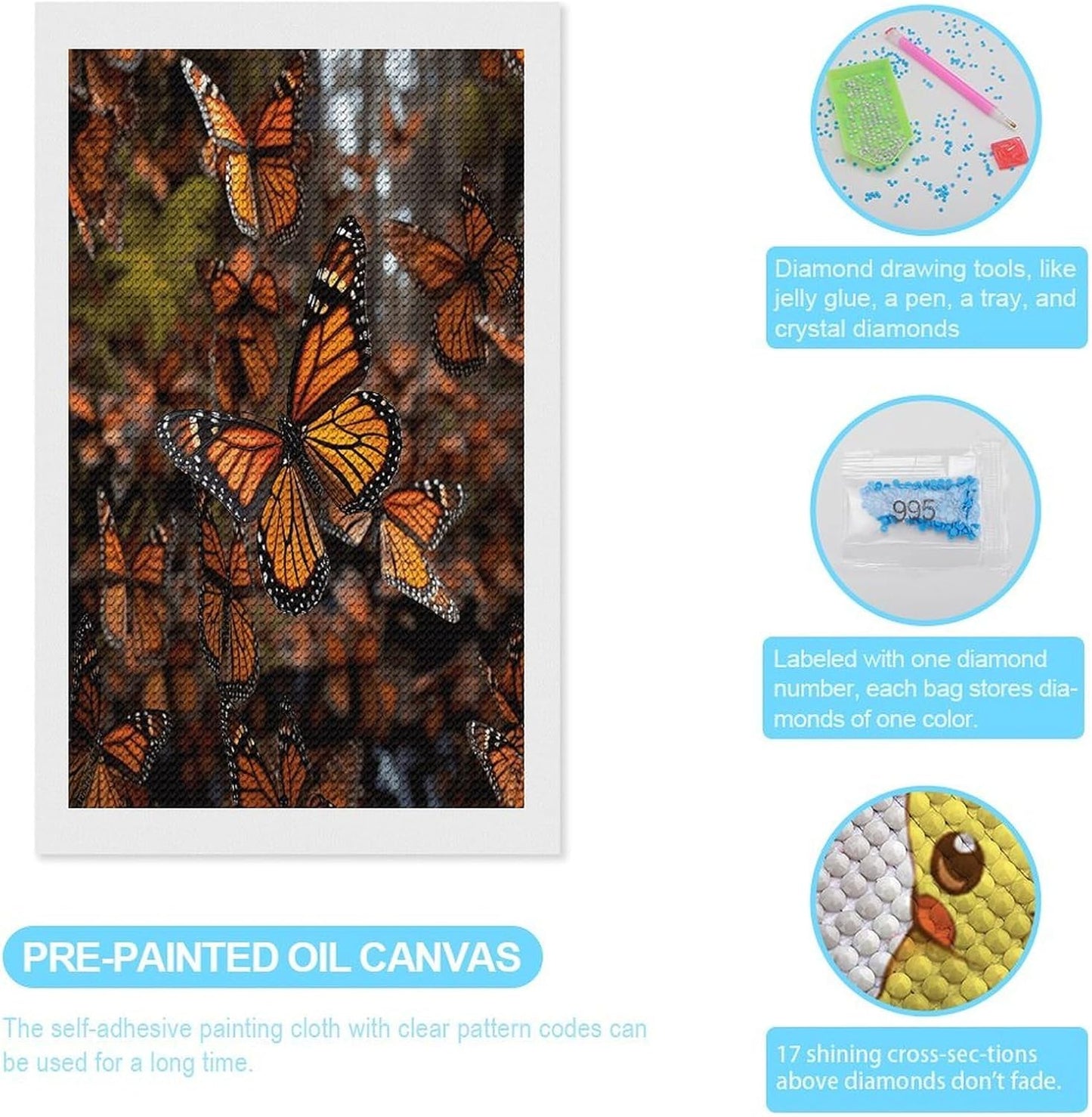 VstaDank Monarch Butterflies Diamond Painting Kits Exquisite DIY Full Round Drill Diamond Dots Painting for Adults Beginner Diamond Photo Paint with Diamond Picture Art Wall Decor 12"x20"