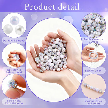 300 Pcs Diamonds Beads for Jewelry Making, Included 10 mm Red Rhinestone Beads for Bracelets, Bubblegum Bead for Pen Making, Pearl and Spacer Bead for Bracelet Necklace Earring Crafting