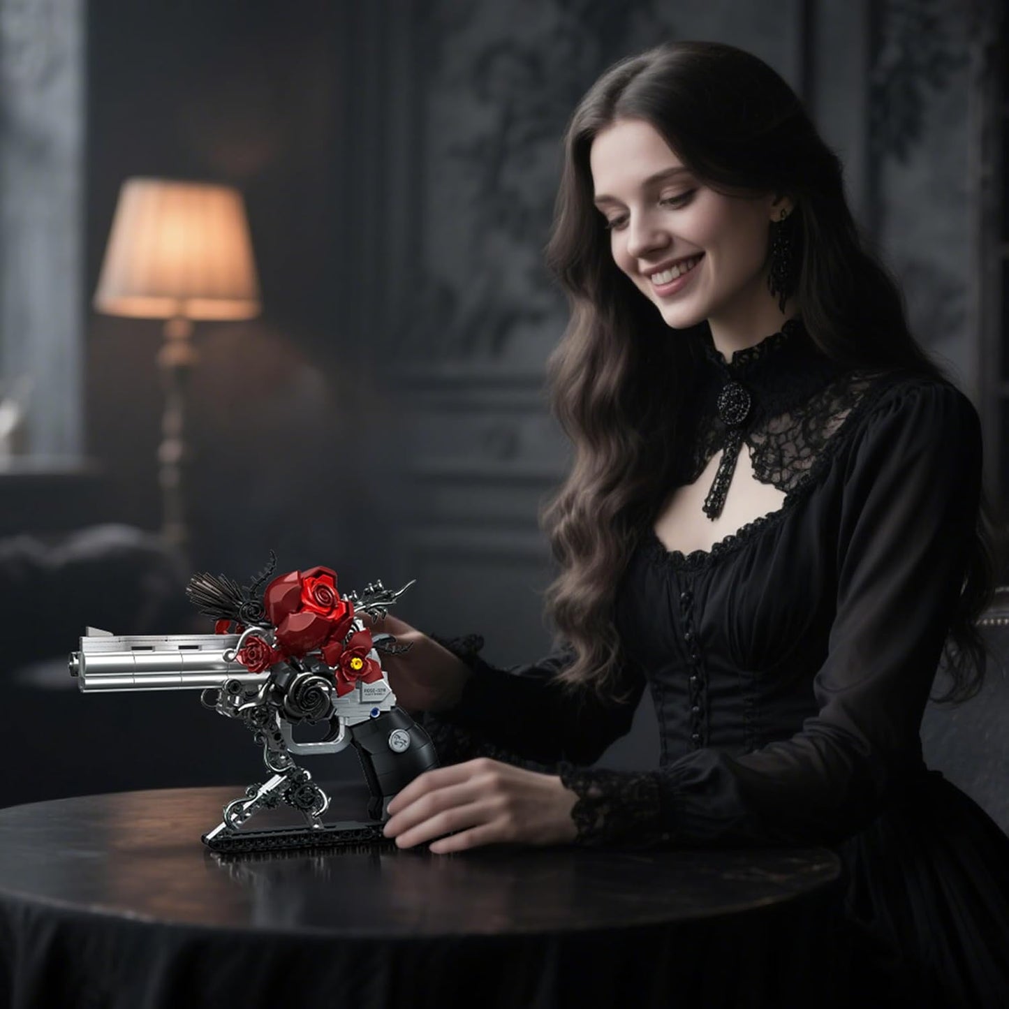 Gothic Rose Revolver Building Kit - Dark Romantic Fusion of Blood-Red Roses, Twisted Thorns & Industrial Gears, Movable Barrel, Cylinder & Trigger, Gifts Collection for Gothic Art Devotees