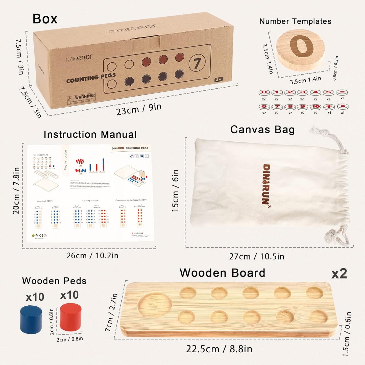 DINORUN Montessori Toys for 3 4 5 Year Old Boy Girl Birthday Gifts - Counting Peg Board for Kids 3-5-7 - Wooden Learning Math and Numbers Manipulatives Materials for Preschool Teacher Classroom