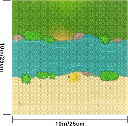 Feleph Classic Baseplate with River and Grassland Pattern, 10 x 10 Inches Base Plates for Building Blocks Mat Compatible with Major Brands (Straight 4 Pieces)