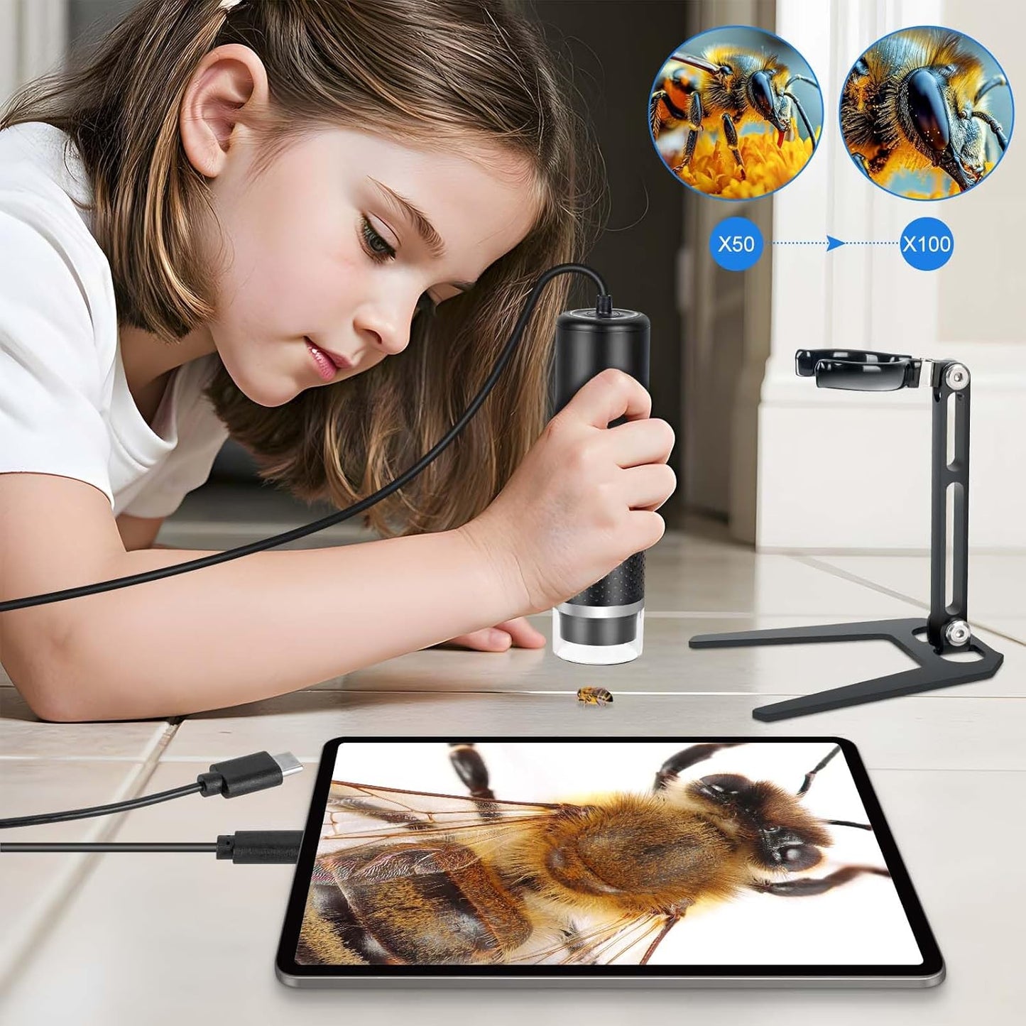 USB Digital Microscope Compatible with iOS and Android Devices (Not for Any PC), 50x-1600x Magnification, 1920x1440P HD Portable Microscope Camera for Adults, Children, Students