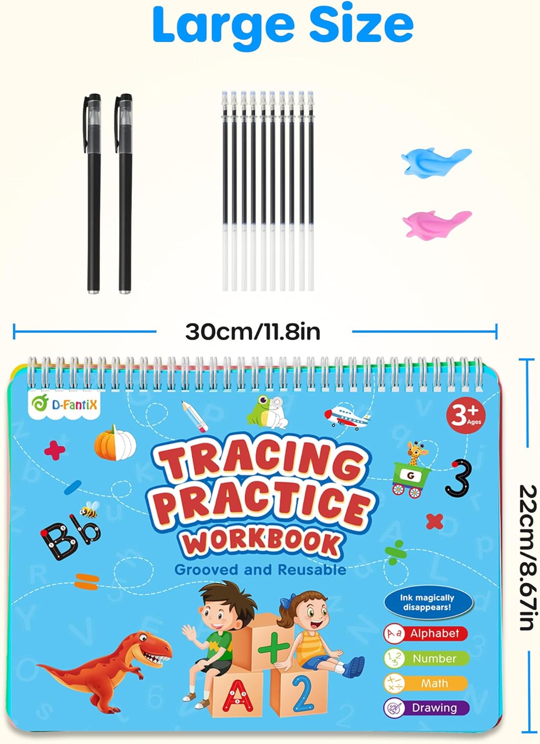D-FantiX 4 in 1 Large Magic Grooved Writing Practice for Kids Age 3-5, Reusable Grooved Handwriting Practice for Kids 5-7, Learn to Write Number Letter Tracing Books for Kids Kindergarten Preschool