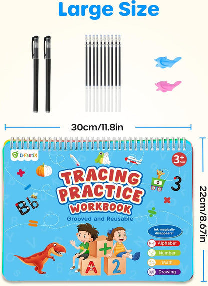 D-FantiX 4 in 1 Large Magic Grooved Writing Practice for Kids Age 3-5, Reusable Grooved Handwriting Practice for Kids 5-7, Learn to Write Number Letter Tracing Books for Kids Kindergarten Preschool
