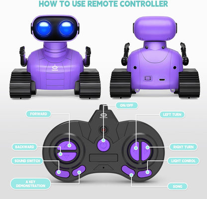 Playsheek Rechargeable Emo Robot with Auto-Demonstration - Remote Control Smart Robot Toy Gift for Kids Age 3+ - Purple