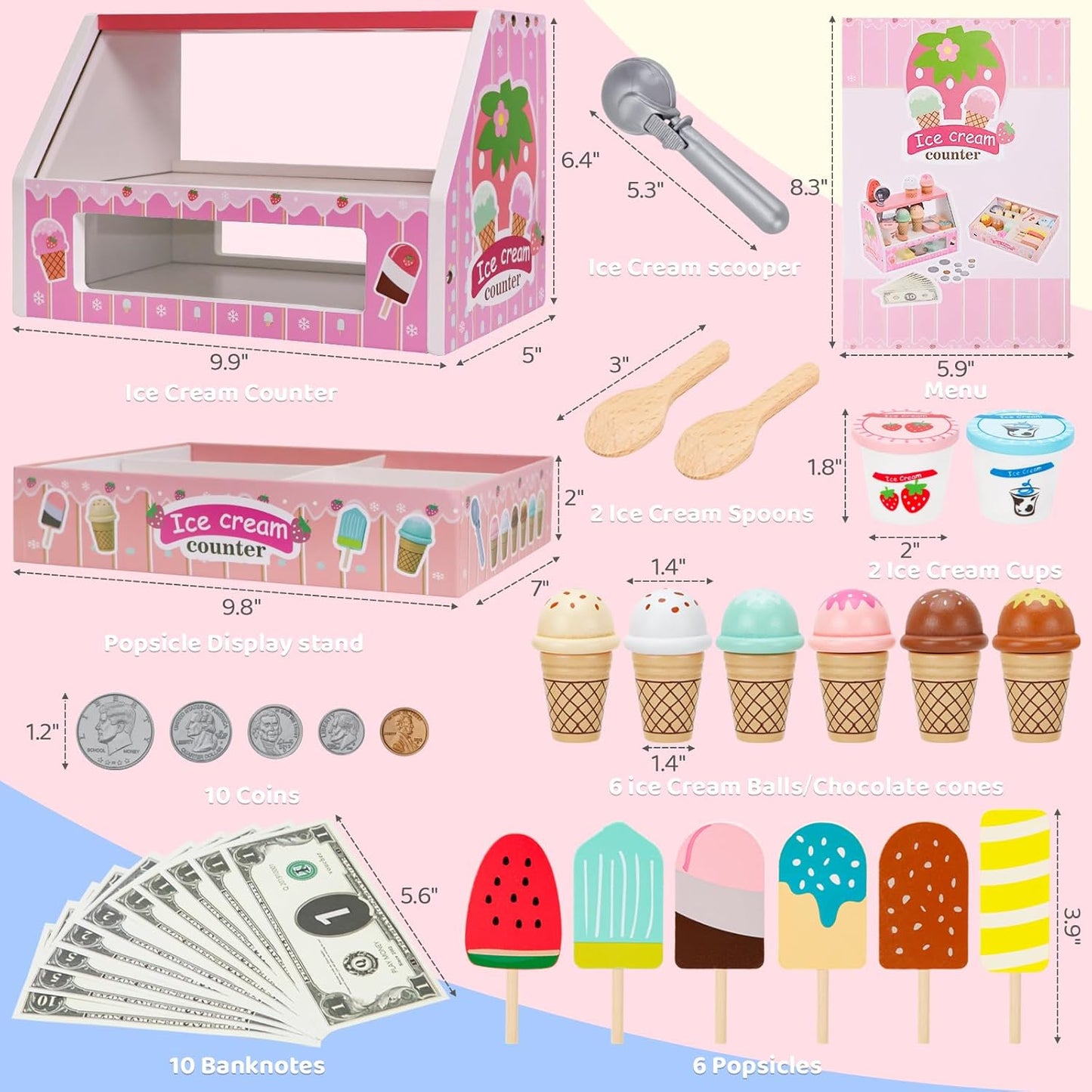 ZJEFUNS Wooden Ice Cream Toys for Kids Ice Cream Counter Shop for Toddlers Pretend Play Food Scoop and Serve with Scoop & Menu & Fake Money for Boys and Girls Ages 3 4 5 6 (Beige)