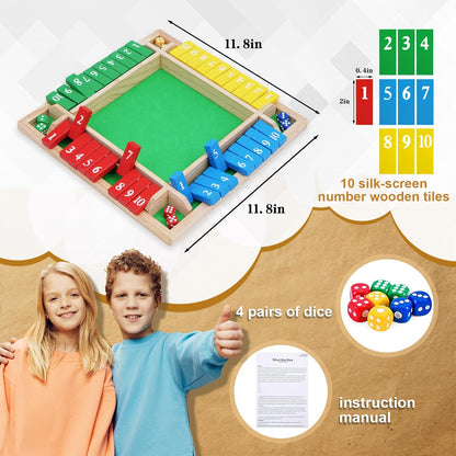 1-4 Players Shut The Box Dice Game, 10 Numbers Traditional Wooden Pub Bar Board Family Table Mat Game Dice for Adults