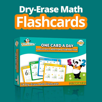 Channie’s One Card a Day Single Digit Addition and Subtraction Flash Cards, 34 Dry Erase Pre K - 1st Grade Math Flashcards for Kids, 312 Problems, Fun & Easy to Follow
