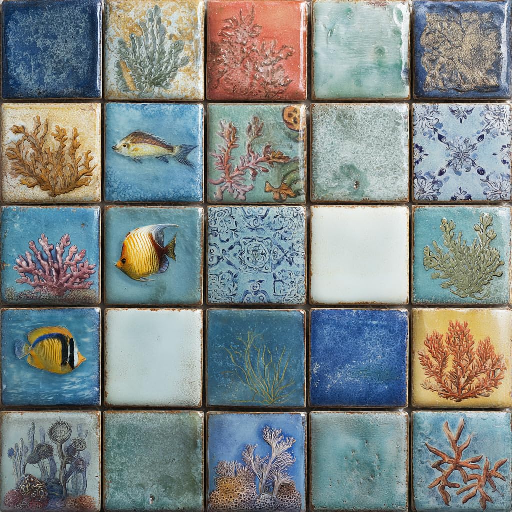 Wall Tiles Peel and Stick 12x12 Inch Ocean Coral Fish Pattern Vinyl Stickers Self Adhesive Tiles for Kitchen Bathroom Shower Laundry Room Aquarium Theme Home Renovation DIY Decor