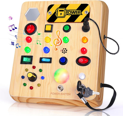 TINTECUSA Busy Board Montessori Toys for Toddler, Wooden Sensory Board Switch Toy with Shape Sorter LED Light Up Toys Educational Plane Travel Activity for Girls & Boys