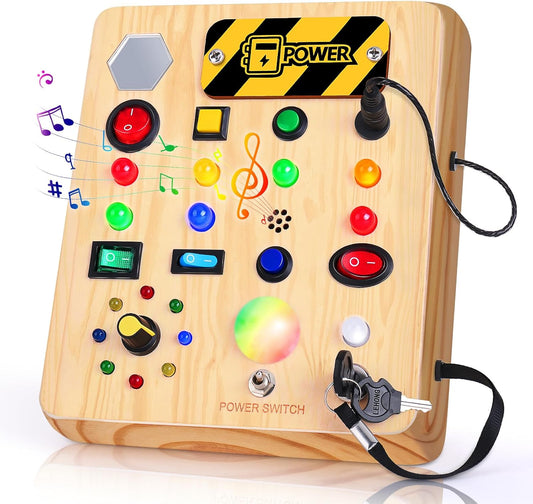 TINTECUSA Busy Board Montessori Toys for Toddler, Wooden Sensory Board Switch Toy with Shape Sorter LED Light Up Toys Educational Plane Travel Activity for Girls & Boys