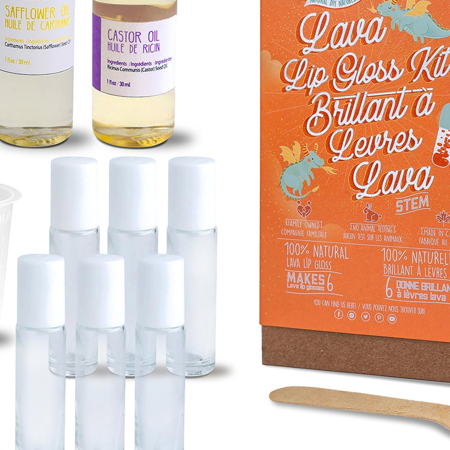 Kiss Naturals - Lava Lip Gloss Kit - With Organic Castor Oil, Safflower Oil, Coconut Oil - STEM DIY Science Kit - Make 6 Lip Gloss - 2 Natural Flavors - Birthday, Holiday, Party Gift for Girls