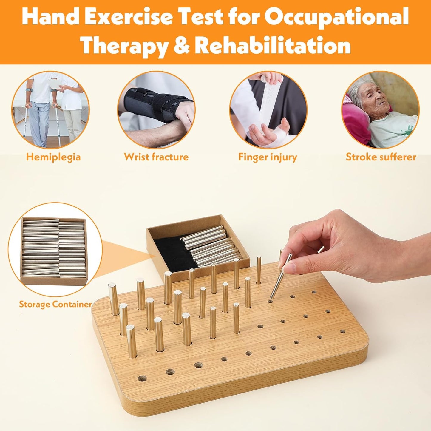 36-Hole Wooden Pegboard for Occupational Therapy, Hand Therapy Peg Board with 3 Sizes of Round Iron Pegs to Improve Finger Dexterity, Fine Motor Coordination & Sensory Rehabilitation