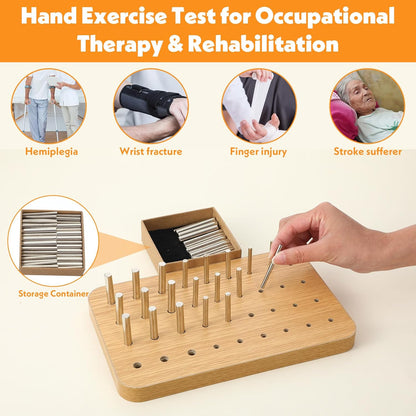 36-Hole Wooden Pegboard for Occupational Therapy, Hand Therapy Peg Board with 3 Sizes of Round Iron Pegs to Improve Finger Dexterity, Fine Motor Coordination & Sensory Rehabilitation