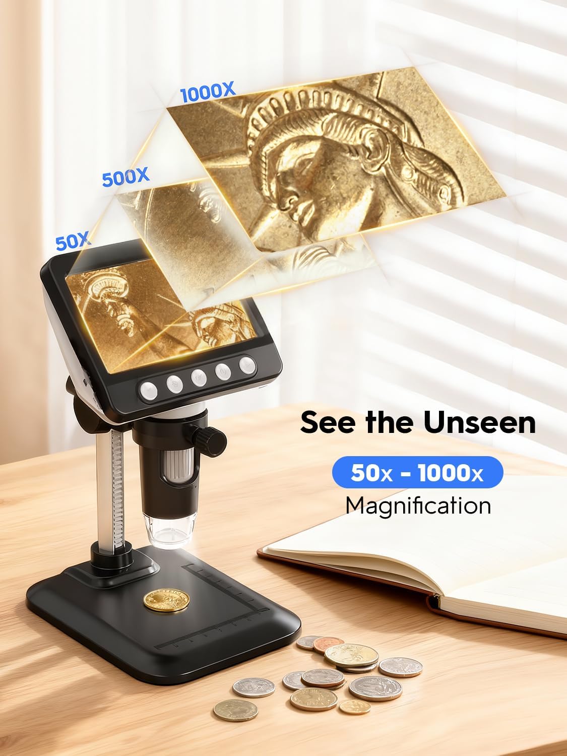 Coin Microscope, 4.3" LCD USB Digital Microscope 1000X Coin Magnifier with 8 Adjustable LED Lights, 1080P PC View Compatible with Windows/MacBook for Adults Kids