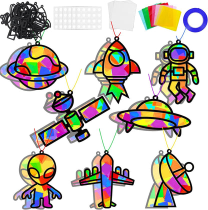 32 Sets Outer Space Suncatchers Craft Kit DIY Window Stained Glass Effect Planet Astronaut Alien Paper Crafts Home School Classroom Decoration Kid Birthday Gift Creative Art Project Activity Game - Colors A