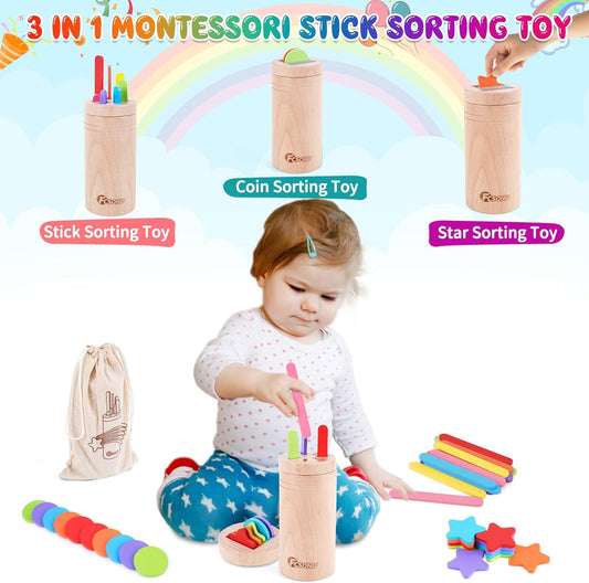 FCSONU Toddlers Montessori Toys for 1 2 3 Year Old Boys Girls, Wooden Learning Color Sorting Toys for Ages 2-4 Kids, Sensory for Toddlers 1-3, Halloween Birthday for Baby 12-18 Month Old