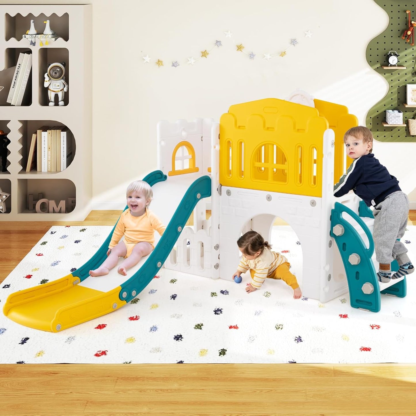 Costzon 8 in 1 Toddle Slide Playset, Freestanding Kids Slide w/Tunnel, Basketball Hoop, Toddler Climber Slide Playset Indoor Playground for Kids 1-3 w/Storage Space, Gifts for Boys Girls (Blue)