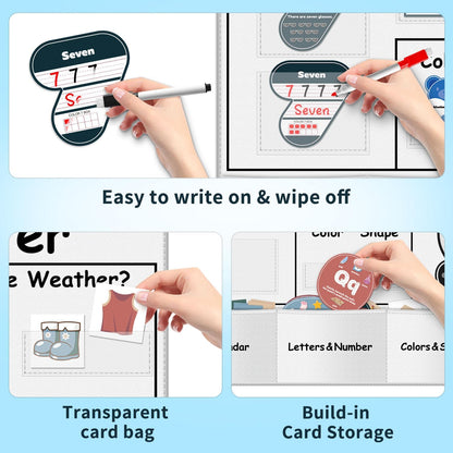 Circle Time Learning Center Pocket Chart for Classroom, Dry Erase Alphabet & Number Flash Cards, Write ABC Letter Tracing Writing Practice Games for Kids, Learning Weather Counting Color Shape