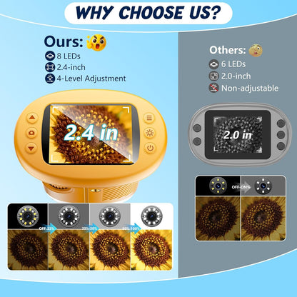 Odatay 4K 1000X Digital Microscope for Kids with Long Distance Viewing & 2.4" Screen, Portable Handheld Edu Toys for Kids Age 3-12 Exploring Bugs Plants at Home Classroom & Outdoor Travel, Yellow