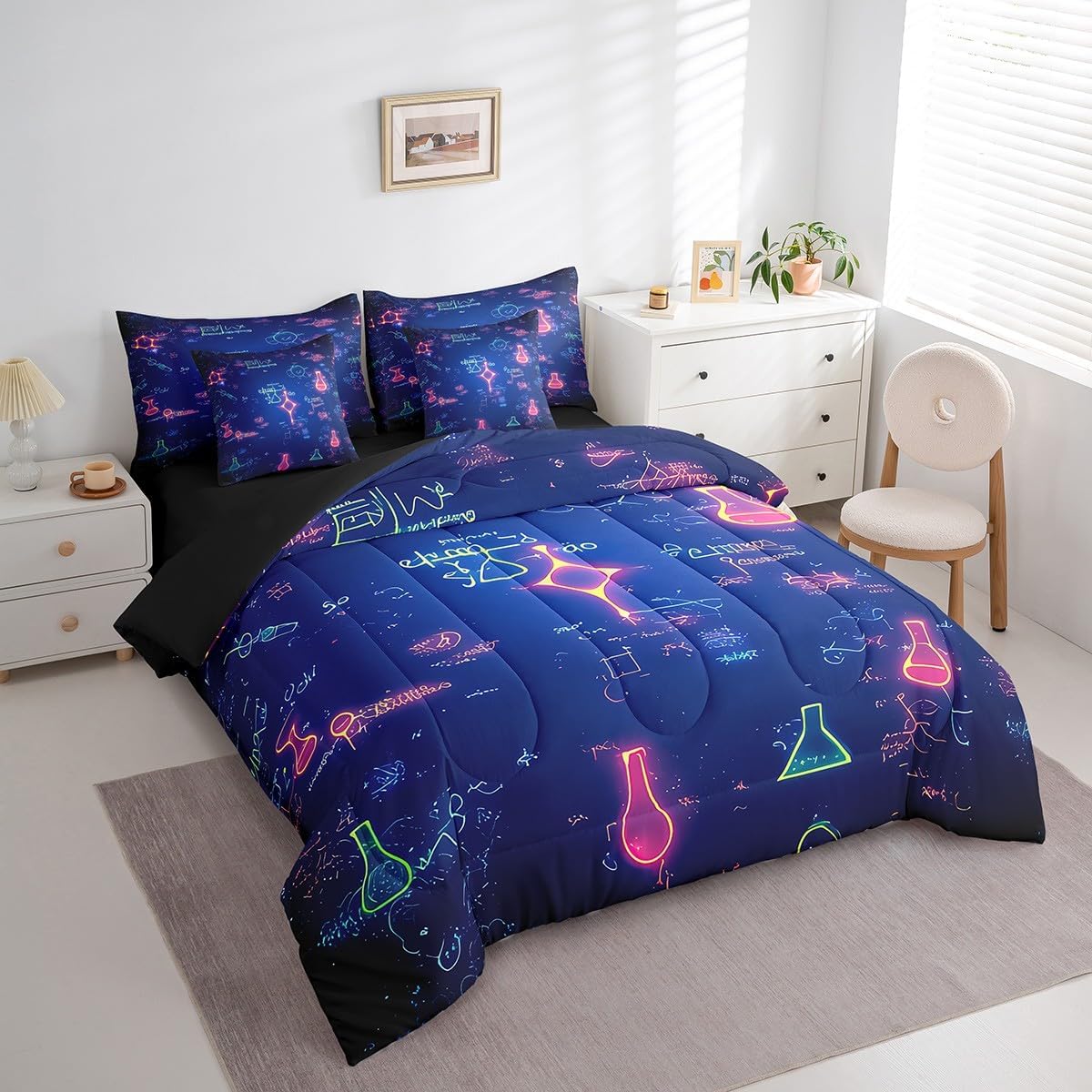 Erosebridal Chemical Equation Bed in a Bag Queen Comforter Set 7 Piece,Chemistry Bedding Sets Science Students Learning Gift Sheet Set with Comforter,Molecular Formula Education Bed Set - Colors B