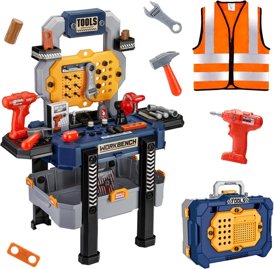 Jovow Kids Tool Bench with Realistic Tools and Electric Drill, Suitable for 3-5 Year Olds to Build Their Own Toy Workbench, 79 Pcs Realistic Toy Tools with Clothes, 32 x 26.6 x 14.4 in-Blue