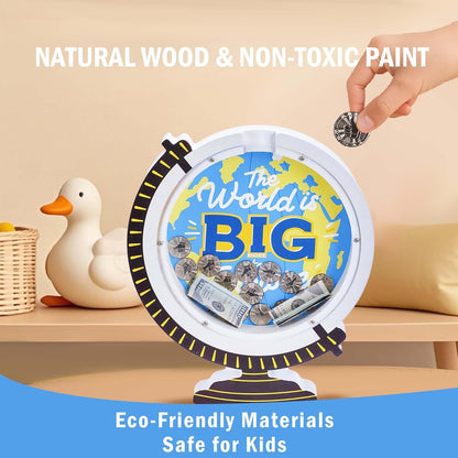 Wooden Globe Piggy Bank for Boys Kids Girls Clear Real Money Coin Bank Toy Toddler Birthday