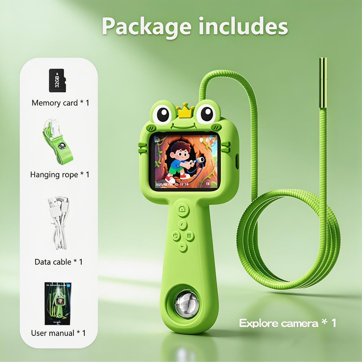 Borescope Camera with Light for Kids - STEM Science Educational Toy for 4-10 12Years Old, Educational Boys Girls Birthday Gift, Snake Scope Camera for Outdoor Camping Nature Exploration (Green)