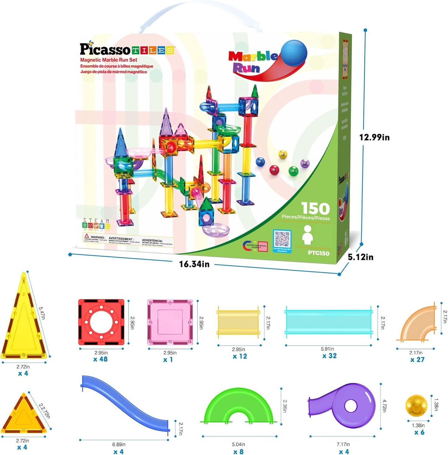 PicassoTiles 108pc Magnetic Marble Run Set with Building Tiles Race Track Car Slides Set STEM Learning Toy 3-in-1 Preschool Construction Kit for Indoor Activity and Development for Kids age 3+ PTG108