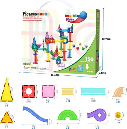PicassoTiles 108pc Magnetic Marble Run Set with Building Tiles Race Track Car Slides Set STEM Learning Toy 3-in-1 Preschool Construction Kit for Indoor Activity and Development for Kids age 3+ PTG108